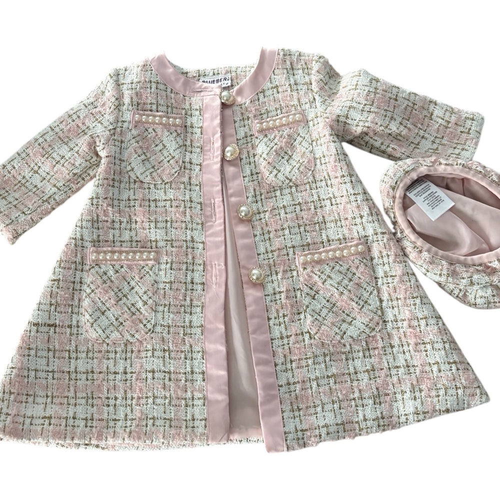 BLUEBERI BOULEVARD Tweed Pea Coat and Beret in Pink/White Size 18M — NWT